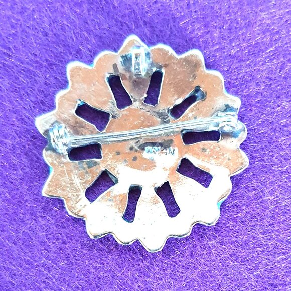 Vintage Mexican Abalone & Turquoise Inlaid Alpaca Silver Flower Brooch - Picture 8 of 11